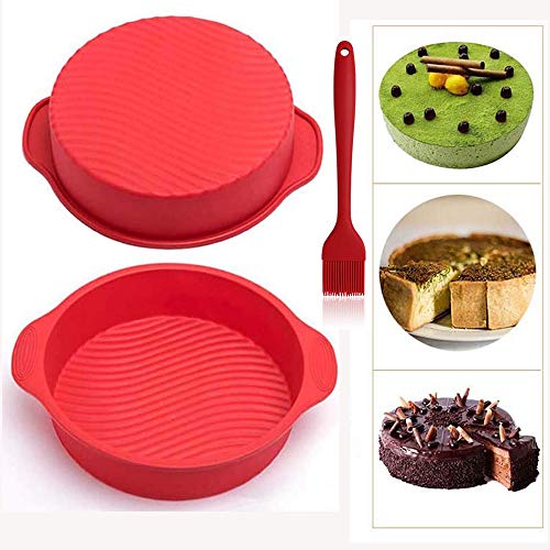 XYDZ 2Pcs Silicone Cake Moulds Tins Round Cake Pan Set of 9 Non-Stick Baking Tray Molds Bakeware Tray with Silicone Pastry Brush for Birthday Party Wedding Anniversary, Red