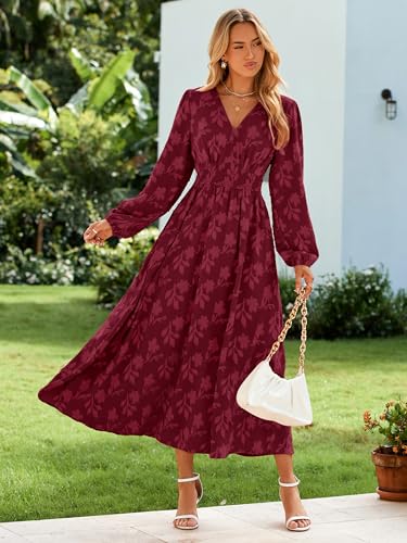 Image of Simplee Womens Boho Floral Long Sleeve Maxi Dress V Neck Empire Waist Fall Wedding Guest Dresses with Pockets