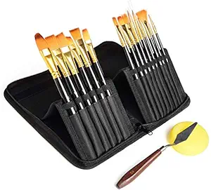 KABEER ART 15 Pcs Paint Brush Set Includes Pop-up Carrying Case with Palette Knife and 1 Sponge for Acrylic, Watercolor and Gouache Painting(Wood Nylon)