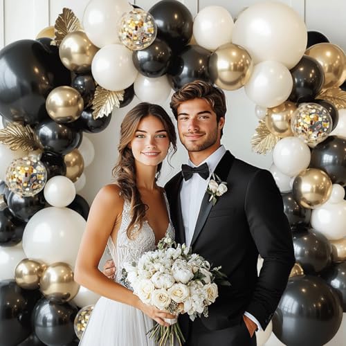 Image of Black Gold White Balloon Arch Kit,Pearl,Sand White,129 pcs,Different Size