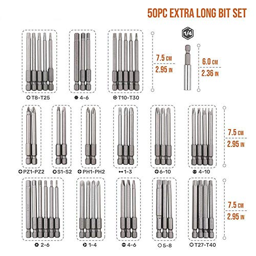 50Pcs Extra Long 75Mm Security Bits Hex Torx Star Spline Flat Screwdriver Bit Set #TOP4