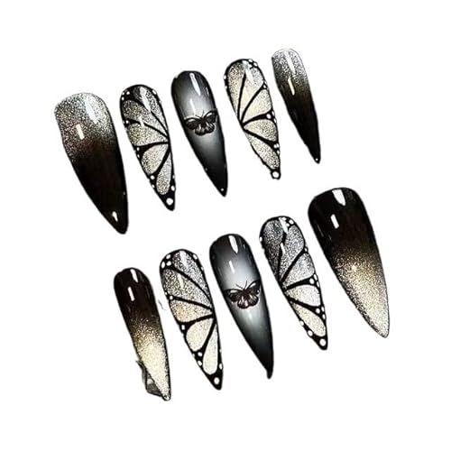 気質アップネイル、甘くてクールなキャッツアイバタフライネイル、甘くてクールなブラックブラッシュスパイスガール完成品、手着用取り外し可能(10枚パック)(L)