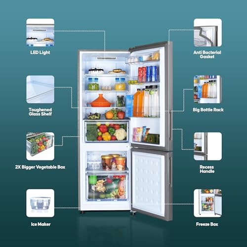 Image of Haier 237L 3 Star Frost Free Bottom Mount Double Door Refrigerator|8 In 1 Convertible Modes|Jhukna Mat-Bottom Freezer|Twin Inverter|200% Faster Ice Making in 49 Minutes (HEB-243GS-P, Moon Silver)