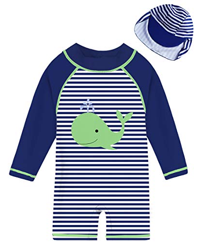 uideazone Little Baby Boy Swimsuit Striped Long Sleeve One Piece Rash Guard with Sun Hat Shark Bahting Suit Swimwear