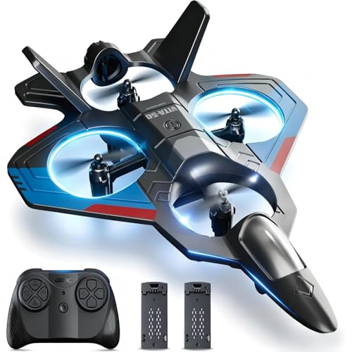Image of Remote Control Plane Drone for Kids, LED Fighter Jet Flying Toy with 2 Batteries, Easy to Fly RC Airplane for Beginners, Altitude Hold, 360 Flips, Indoor Outdoor Gift, Black