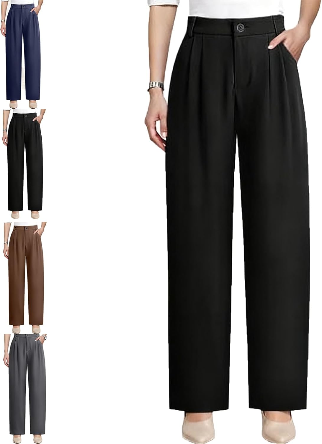 Womens Soft Everyday Drape Pants Elastic Straight Wide Leg Dress Slacks 0