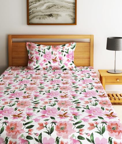 Image of Home Sizzler 210TC Pink Roses Single Bedsheet with 1 Pillow Cover