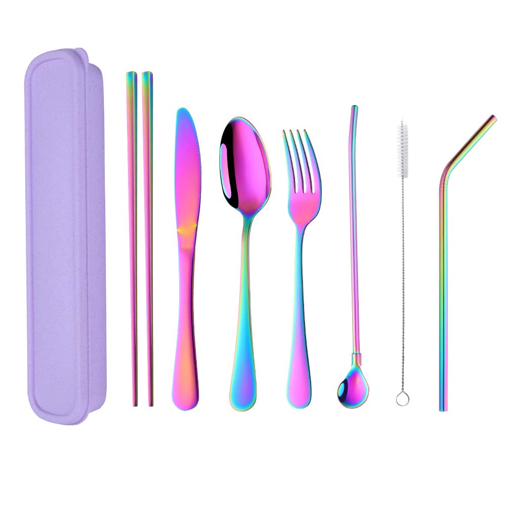 Buyer Star Rainbow Camping Flatware Silverware Set, 8-pieces Stainless Steel Portable Knife Fork Spoon Chopsticks Metal Drinking Straw Straw Spoon Cleaning Brush with Case