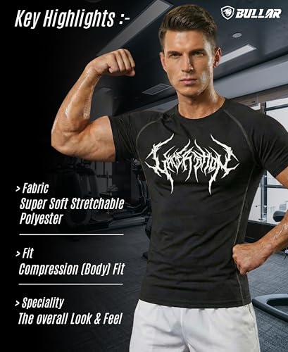 Image of BULLAR Men's Polyester Blend Compression T-Shirt, Half Sleeve Athletic Sports Tight, Crew Neck, Slim Fit Tshirt for Fitness and Workout