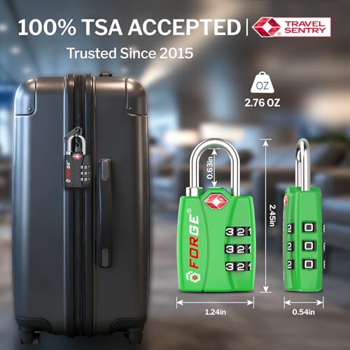 Image of Forge Open Alert TSA Approved Luggage Locks - 3 Digit Combination, Easy Read Dials, Zinc Alloy Body - Ideal Travel Lock for Luggage, Suitcases, Bags & Toolboxes (Green 4PK)