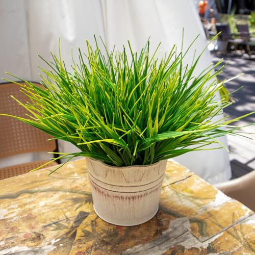 VDVST 12 Bundles Artificial Plants Outdoor Fake Monkey Grass UV Resistant Plant Decor No Fade Realistic Greenery Plant for Window Garden Patio Hanging Planter Pathway Front Porch (Grass)