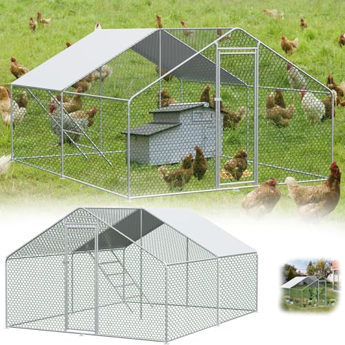 RRrawgff Enclos Poulailler, 3x4x2m Grand Poulailler 12 m², Enclos Poule avec Couverture Imperméable et Anti-UV, Porte Verouillable, Cage en Acier Galvanisé, Volière pour 10-15 Poules