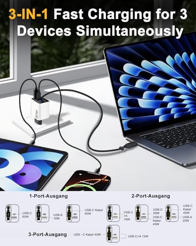 Cargador GaN 65W 3 en 1 blanco con cable USB-C extensible para iPhone y Switch 2