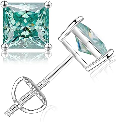 SMILEST Green Moissanite Earrings for Women Girls, 2.4ct Solitaire Princess Lab Created Diamond 18K White Gold Vermeil S925 Sterling Silver Green Moissanite Stud Earrings for Women Jewelry Gifts
