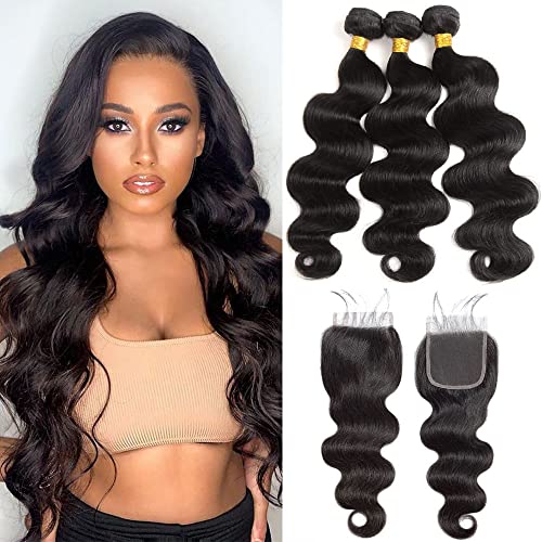 Brazilian Body Wave 3 Bundles with 4x4 Lace Closure Free Part Double Weft 9A 100% Unprocessed Brazilian Virgin Body Wave Human Hair Weave with Free Part Closure for Black Women(18 20 22+16)