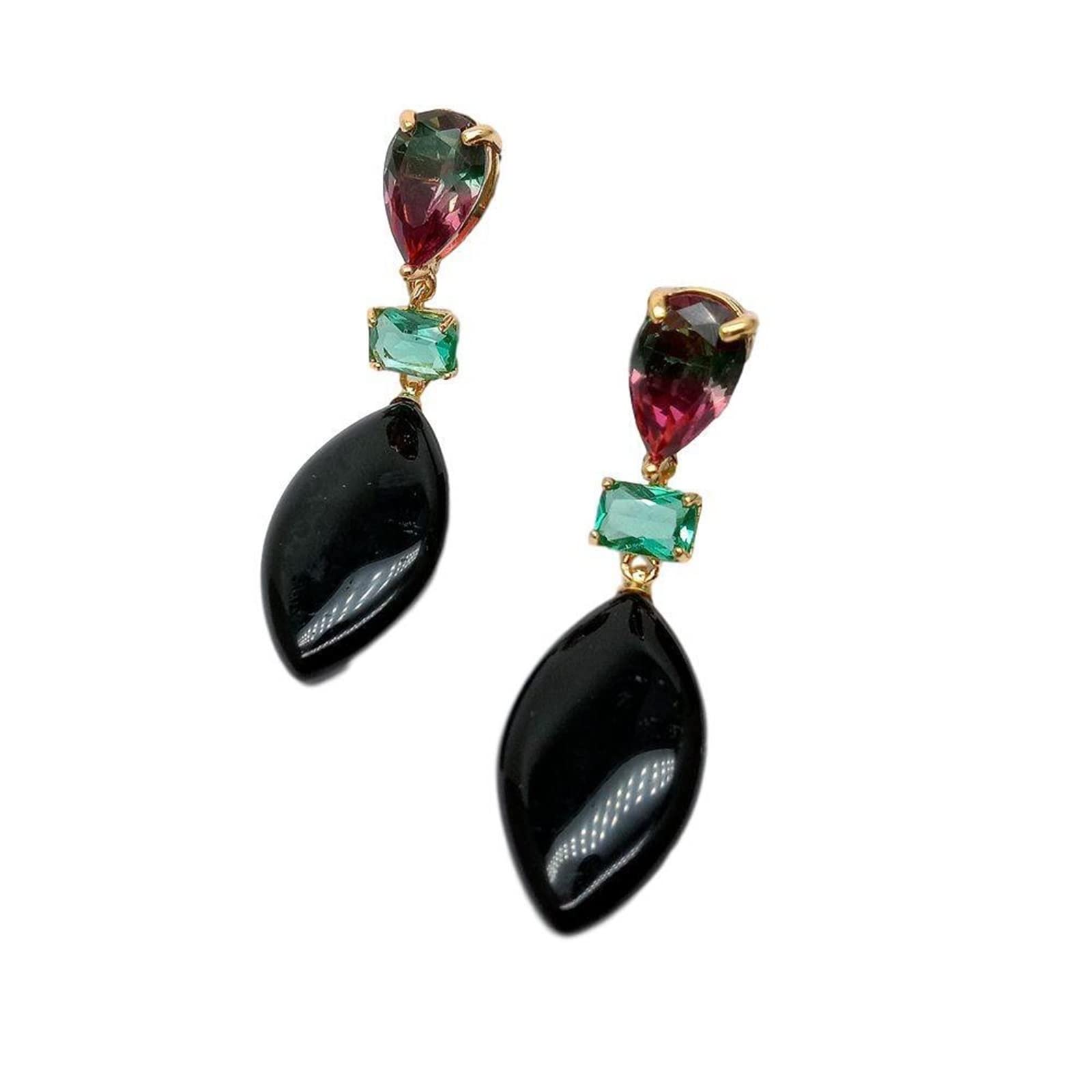 JADESA Natural Marquise Onyx Black Onyx Multi Color Crystal Pave Stud Earrings