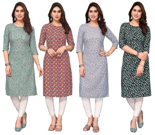 Image of JAKHANA Women's Crepe Printed Casual Straight Calf Length Round Nick Kurta Pack of 4
