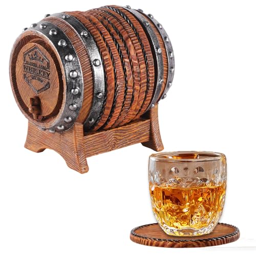 Whiskey Barrel Coasters Set 6 Full Size Non-Slip Cabin Decor Bar Coasters for dad Man Cave Gifts for Men and Whiskey Lovers Rustic Handmade Cup Coaster for The Home