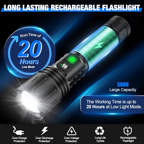 Image of Banral LED Flashlights High Lumens Rechargeable, 5000mAh Super Bright Powerful Flashlight, Type-C, 5 Modes, Zoomable, IPX5 Waterproof High Powered Tactical Flash Light for Emergency Camping Hiking