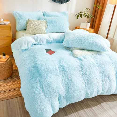 Shaggy Fluffy Light Blue Comforter Cover Queen Set – Faux Fur Shaggy Light Blue Bedding 3-Piece Set (1 Duvet Cover + 2 Furry Pillow Shams) Cozy Bed Set