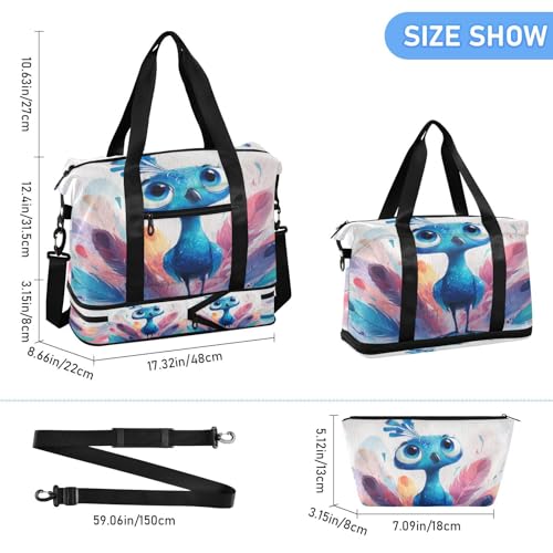 Blue Peacock Feathers Duffel Bag for Women Men Gym Bag with Shoe Compartment Wet Pocket Carry On Weekender Overnight Bags for Travel Gym Yoga School3