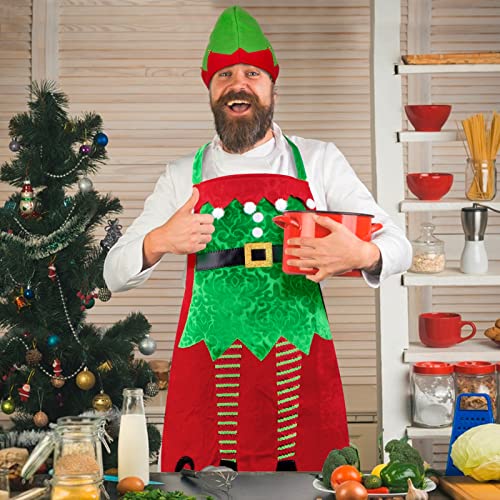 BETESSIN Weihnachtsschürze Rot Weihnachten Elfen Schürze mit Elfenmütze Polyester Kochschürze mit Taschen Wichtel Kostüm Damen und Herren Karneval Fasching Kostümparty usw.