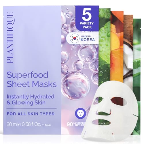 Image of PLANTIFIQUE Korean Sheet Mask 5 Pack Variety Set - Hydrating Face Masks with Hyaluronic Acid - Soothing, Firming, Even Toning - Mascarillas Faciales