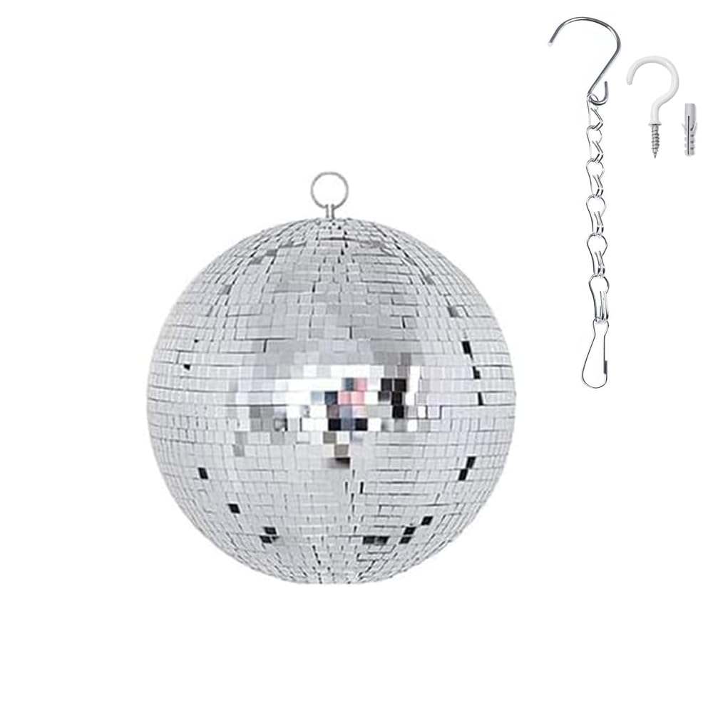 Large Disco Ball Decorations, 70's 80's 90's Silver Rotating Glass Mirror Ball with Hanging Ring, for Bar DJ Club Stage Lighting Holiday Christmas Party Birthday Wedding Home Business Events (8 INCH)