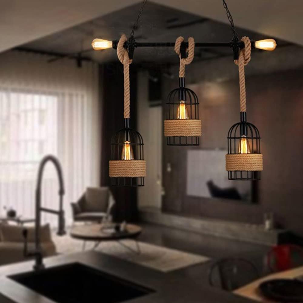 Boerderijkooikroonluchter met henneptouw Retro verstelbare hanglamp voor eetkamer hanglamp touwlicht