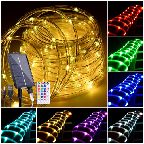 Hozplex Solar Rope Lights Outdoor Waterproof, 49Ft 150 LED String Light Fairy Solar Powered & USB with Remote, 18 Colors Changing Trampoline Lighting for Outside Garden Patio Home Christmas Decoration
