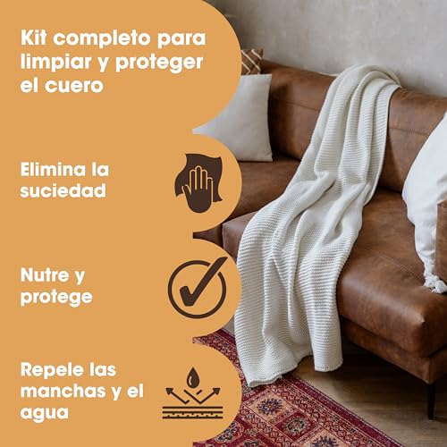 Kit completo de cuidado del cuero Furniture Clinic – Limpiador de cuero y Crema protectora del cuero para sofás y asientos de coche – 500 ml de Ultra Clean,500 ml de acondicionador de cuero y esponjas - imagen 2