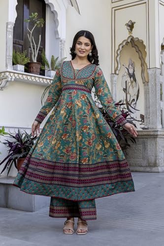 Image of Pistaa's Women's Pure Cotton Anarkali Floral Printed Kurta with Palazzo & Dupatta Set