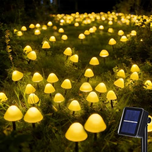 Cozymeow Lampes Solaires de Jardin, 5m 20 LED Champignon, Étanches, 2 Modes d'Éclairage pour Allée, Pelouse, Terrasse, Jardin, Cour, Mariage - Blanc Chaud