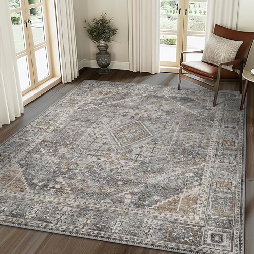 GENIMO 8x10 Area Rug for Living Room, Non Slip Machine Washable Low Pile Large Rug, Indoor Vintage Lightweight for Bedroom, Dining Room & Home Office, Light Gray