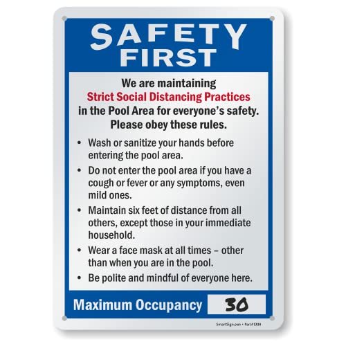 SmartSign 14" x 10" 'Safety First - We Are Maintaining Strict Social Distancing Practices In Pool Area, Maximum Occupancy' Write-On Metal Sign, 40 mil Laminated Rustproof Aluminum, USA-Made