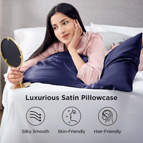 Image of Bedsure Satin Pillowcase 2 Pack Similar to Silk Pillow Cases Standard Size, Pillow Case for Sleeping Women with Envelope Closure, Gifts for Women Men, Navy, 20x26 Inches, 2pcs