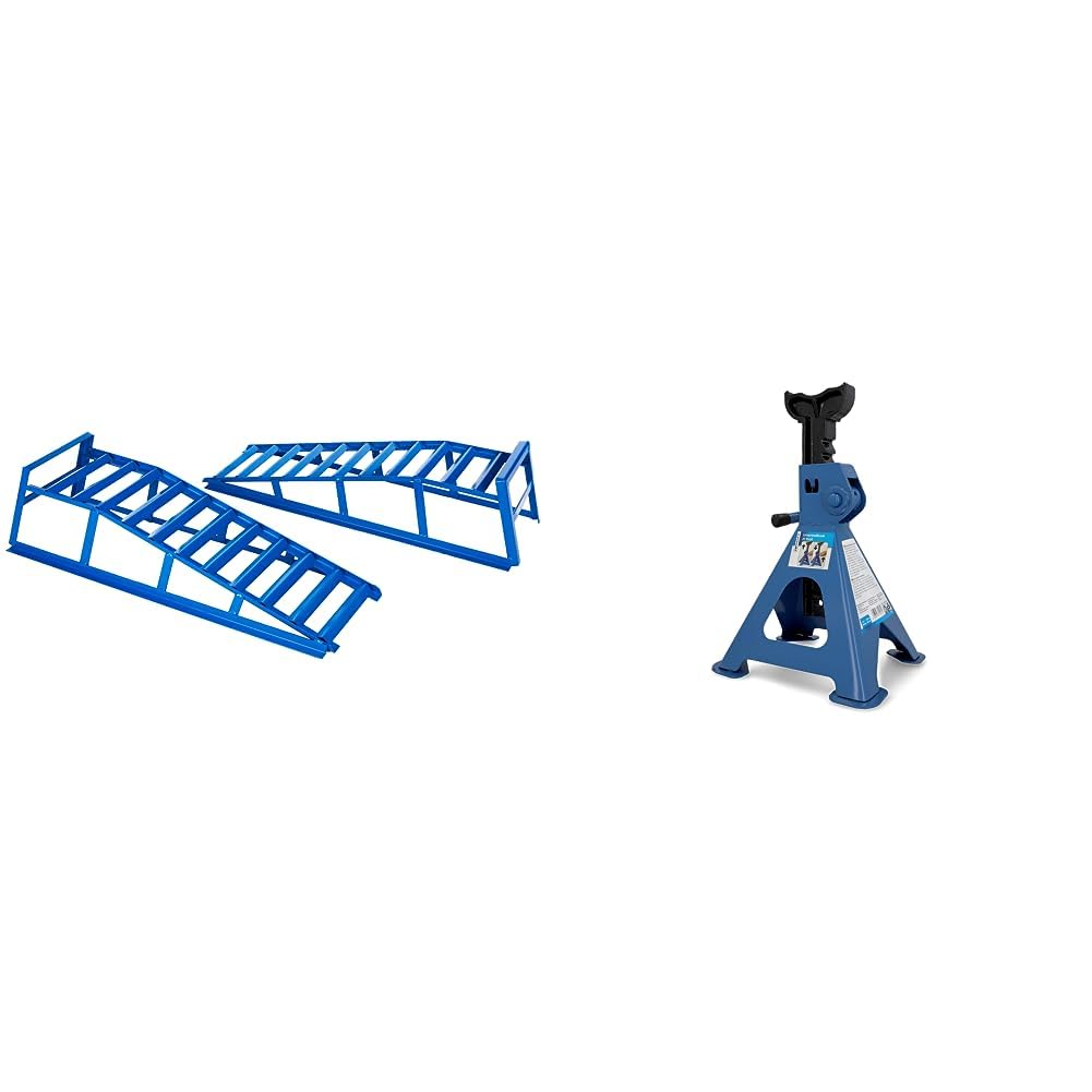 cartrend PKW Auffahrrampen-Set, bis 225 mm Hebebühne Kfz Rampe Auffahrbock Hebeplattform & Profi Unterstellbock, 2 Tonnen Tragkraft