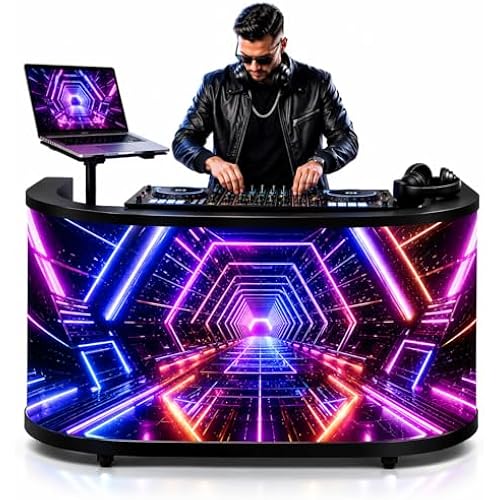Curved LED DJ Booth, P2.5 GOB LED DJ Table with App Control, Portable LED Screen Display DJ Booth Facade Wheels, Fast Content Management for Rentals, Nightclubs, Events, Parties