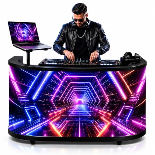 Curved LED DJ Booth, P2.5 GOB LED DJ Table with App Control, Portable LED Screen Display DJ Booth Facade Wheels, Fast Content Management for Rentals, Nightclubs, Events, Parties