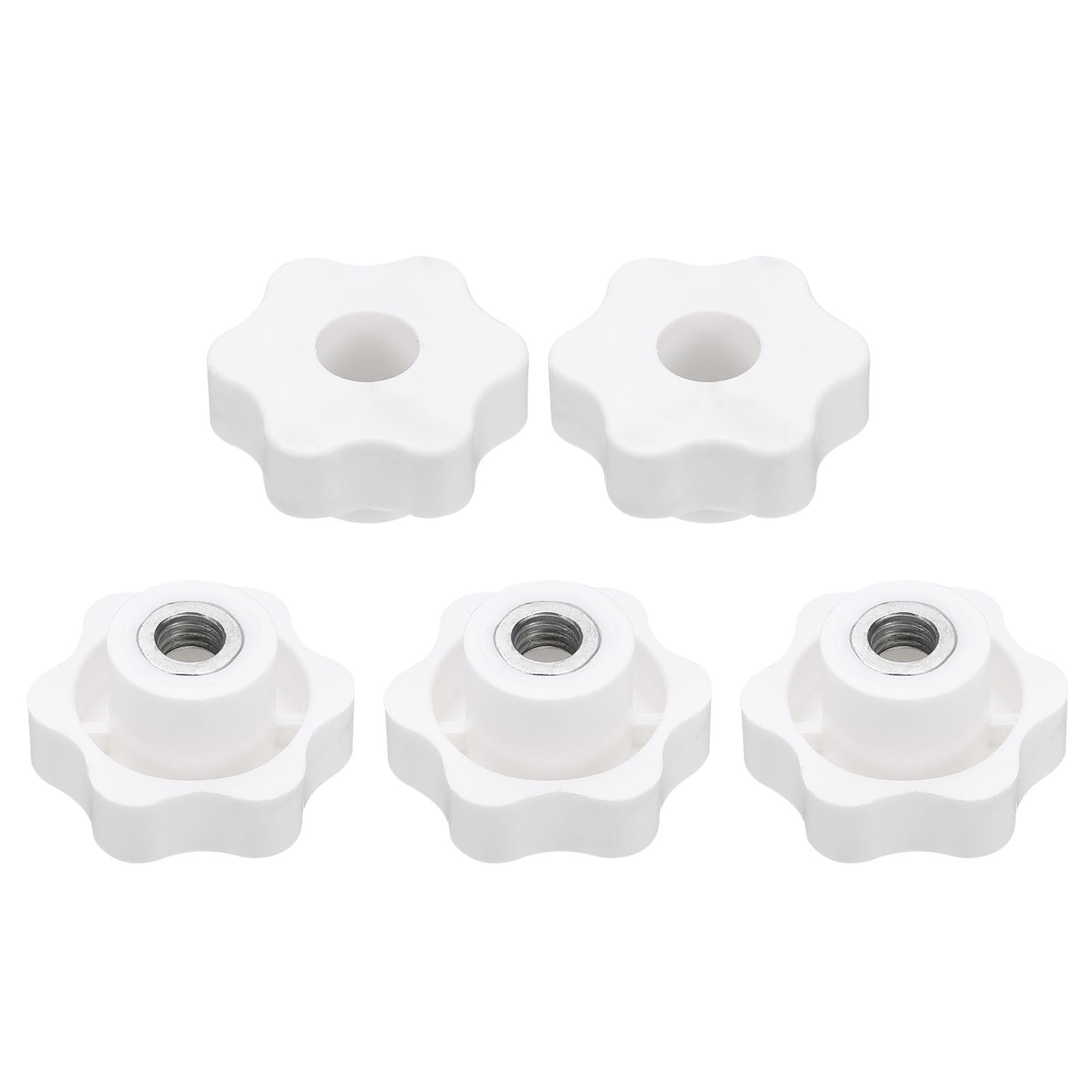 sourcing map 5pcs Star Clamping Nuts M10 Female Thread 48mm 6-Point Plastic Head Iron Insert Through Hole Screw-in Threaded Knob Hand Tightening Clamping Handles, White