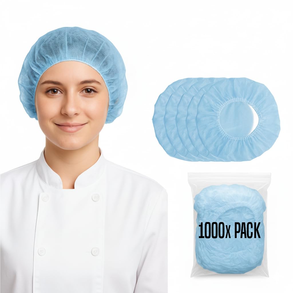 Disposable Hair Nets Mob Caps Blue 1000pcs Bulk Premium Hair Covers with Double Elastic Lightweight and Breathable Hygiene Caps Ideal for Kitchen Catering Food Handling and Medical Safety Use.