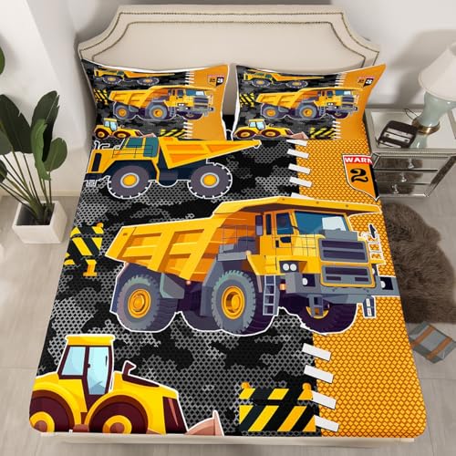 Cartoon Truck Boys Fitted Sheet,Yellow Excavator Engineering Vehicle Bedding Set for Kids Teens,Gray Camo Yellow Patchwork Plaid Bed Cover with 2 Pillowcases(No Top Sheet),Queen Size 3 Pcs