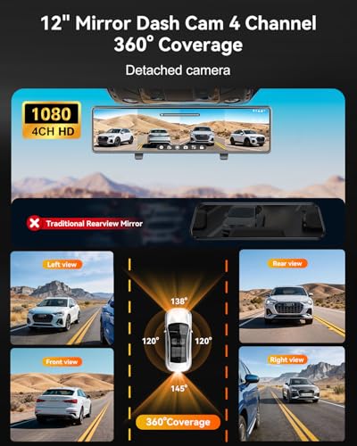 Image of Rear View Mirror Camera,4 Channel Mirror Dash Cam Front and Rear Inside,12 inch Touch Screen Dash Cam, Backup Camera for Car, 7 /24 Parking Monitor,Included Free 128GB SD Card