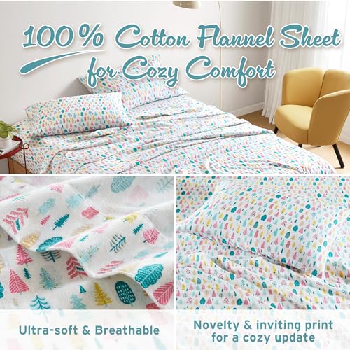 Image of Intelligent Design Cozy Soft 100% Cotton Flannel Sheets, Breathable Festive & Adorable Print Cotton Flannel Sheet Set, Deep Pocket Sheet Fits Up to 16 inch Mattress, Full White Holiday Trees 4 Piece
