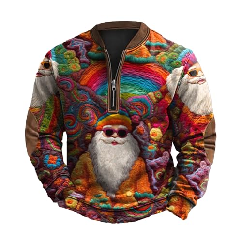 Mens Santa Claus Pullover Sweatshirt Funny Christmas Print Shirt Long Sleeve Quarter Zip Xmas Tops Casual Holiday Tee