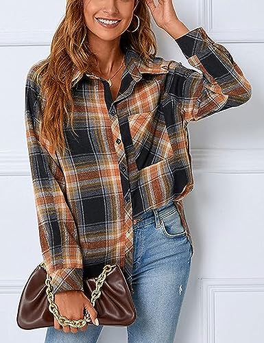 Zontroldy Womens Flannel Shirt Plaid Buffalo Long Sleeve Button Down Oversized Flannels Shirts Blouse Tops3