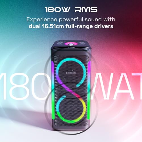 Image of ZEBRONICS Party Fyre 650 Party Speaker, 180W RMS, Dual 16.51cm Full Range Drivers, 7h Playback, Dual Wireless Mics, Karaoke, TWS, BT v5.0, USB, mSD, AUX, Music & Mic Controls, RGB Modes, LED Display