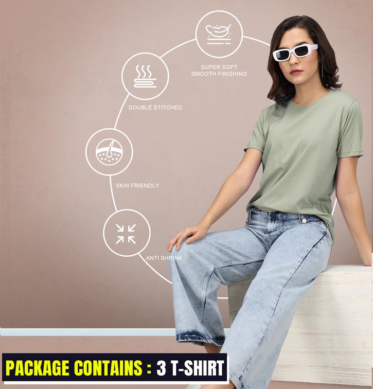 Image of Sleepynuts Women's S to 3XL Premium Half Sleeve Round Neck Plain Combed Cotton Tshirt Pack of 3 Loose Fit T-Shirts Combo