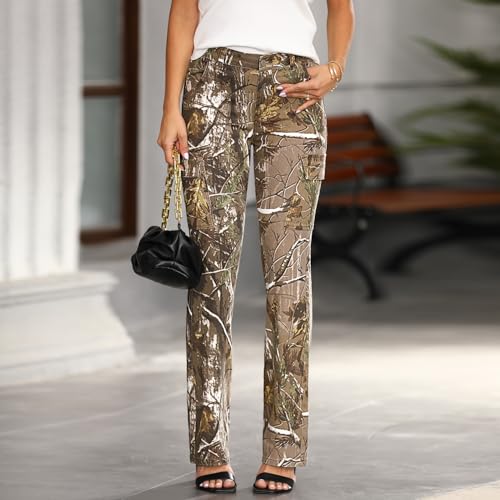 Women Camo Print Bootcut Jeans Mid Waisted Camouflage Cargo Slim Stretch Flare Denim Pant with Flap Pockets3