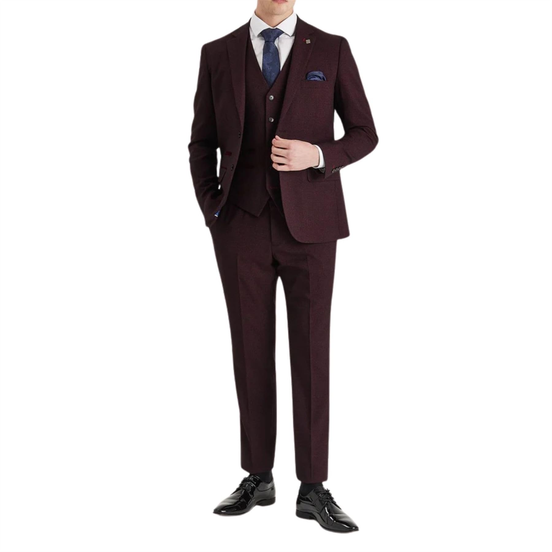 Truclothing Men's Wine Suit Burgundy 3 Piece Prince Of Wales Checked Tailored Fit Formal Dress - 42